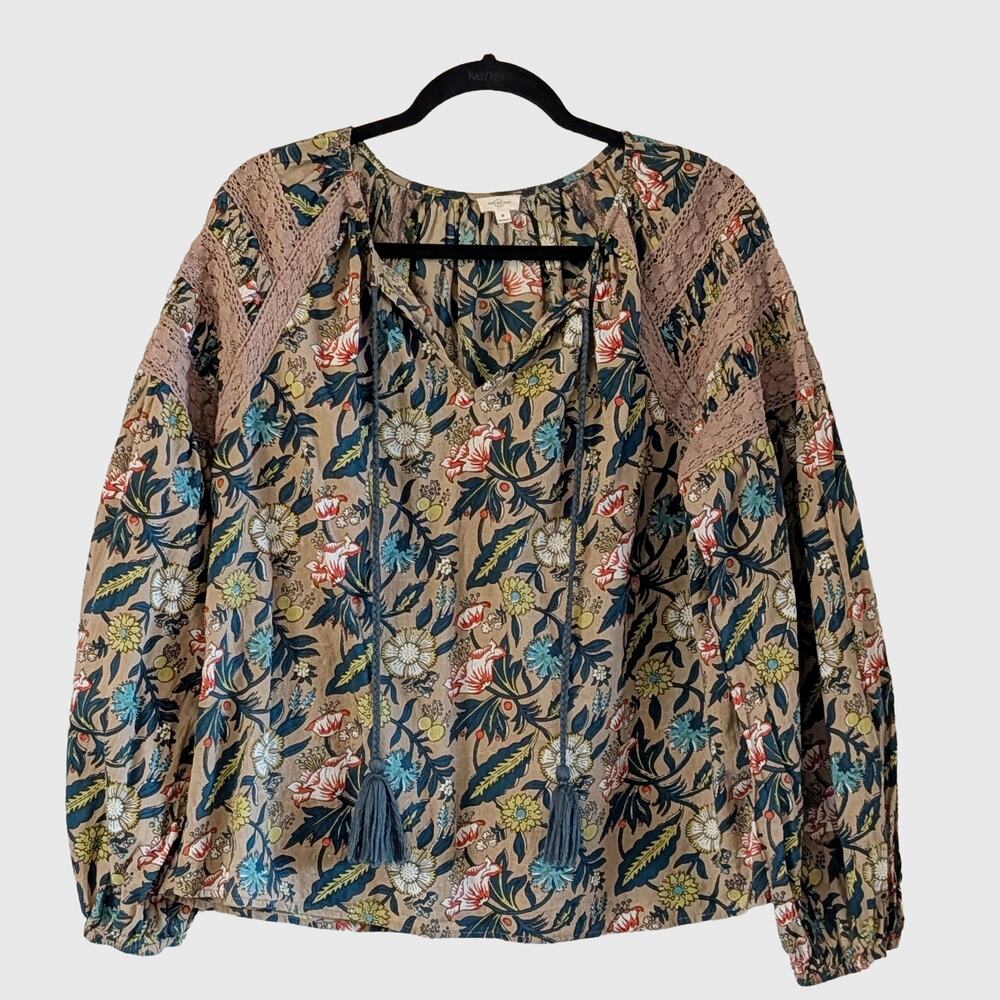 Eze Sur Mer Floral Cotton Boho Blouse Small Lace Trim Tassel Tie Top Peasant